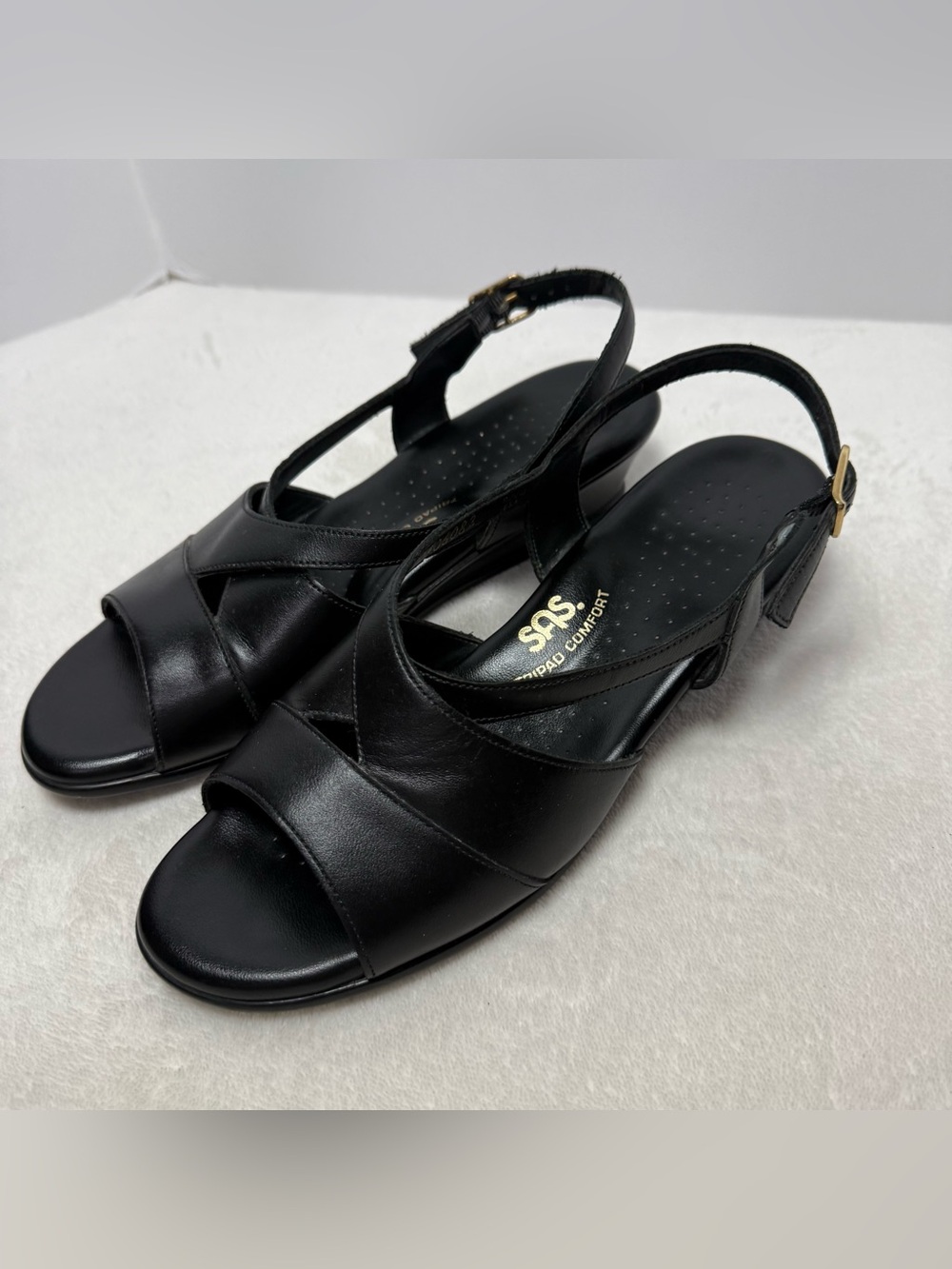 SAS Black Leather Slingback Sandals with Crossover Straps